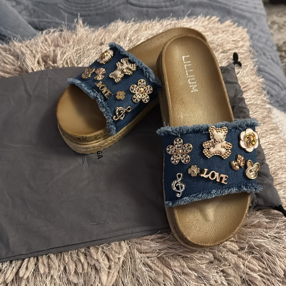 Denim Slide Sandals with Gold Accents